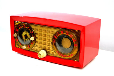 SOLD! - Oct 30, 2018 - Lantern Red 1954 Truetone D2419-A Tube AM Clock Radio