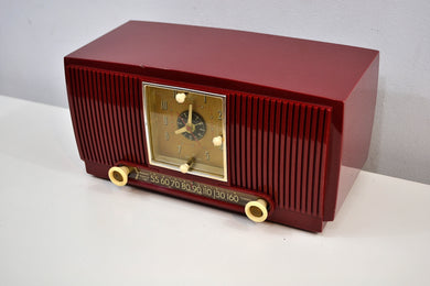 SOLD! - Feb 10, 2020 - Pomegranate Red 1953 General Electric Model 547 Retro AM Clock Radio Works Great!