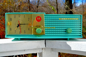 SOLD! - Dec 6, 2017 - LAGUNA AQUA Bi-level Retro Jetsons 1957 Motorola 57CD4A Tube AM Clock Radio Works Great! - [product_type} - Motorola - Retro Radio Farm