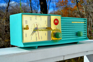 SOLD! - Dec 6, 2017 - LAGUNA AQUA Bi-level Retro Jetsons 1957 Motorola 57CD4A Tube AM Clock Radio Works Great! - [product_type} - Motorola - Retro Radio Farm