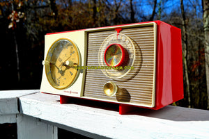 SOLD! - Jan 21, 2018 - CORVETTE RED AND WHITE Mid Century Vintage Retro 1959 General Electric GE Tube AM Clock Radio Totally Restored! - [product_type} - General Electric - Retro Radio Farm