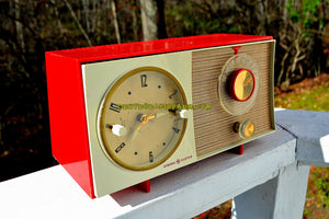 SOLD! - Jan 21, 2018 - CORVETTE RED AND WHITE Mid Century Vintage Retro 1959 General Electric GE Tube AM Clock Radio Totally Restored! - [product_type} - General Electric - Retro Radio Farm