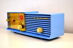SOLD! - Mar 31, 2019 - Sweet Baby Blue Bi-level 1957 Motorola 57CD Tube AM Clock Radio - [product_type} - Motorola - Retro Radio Farm