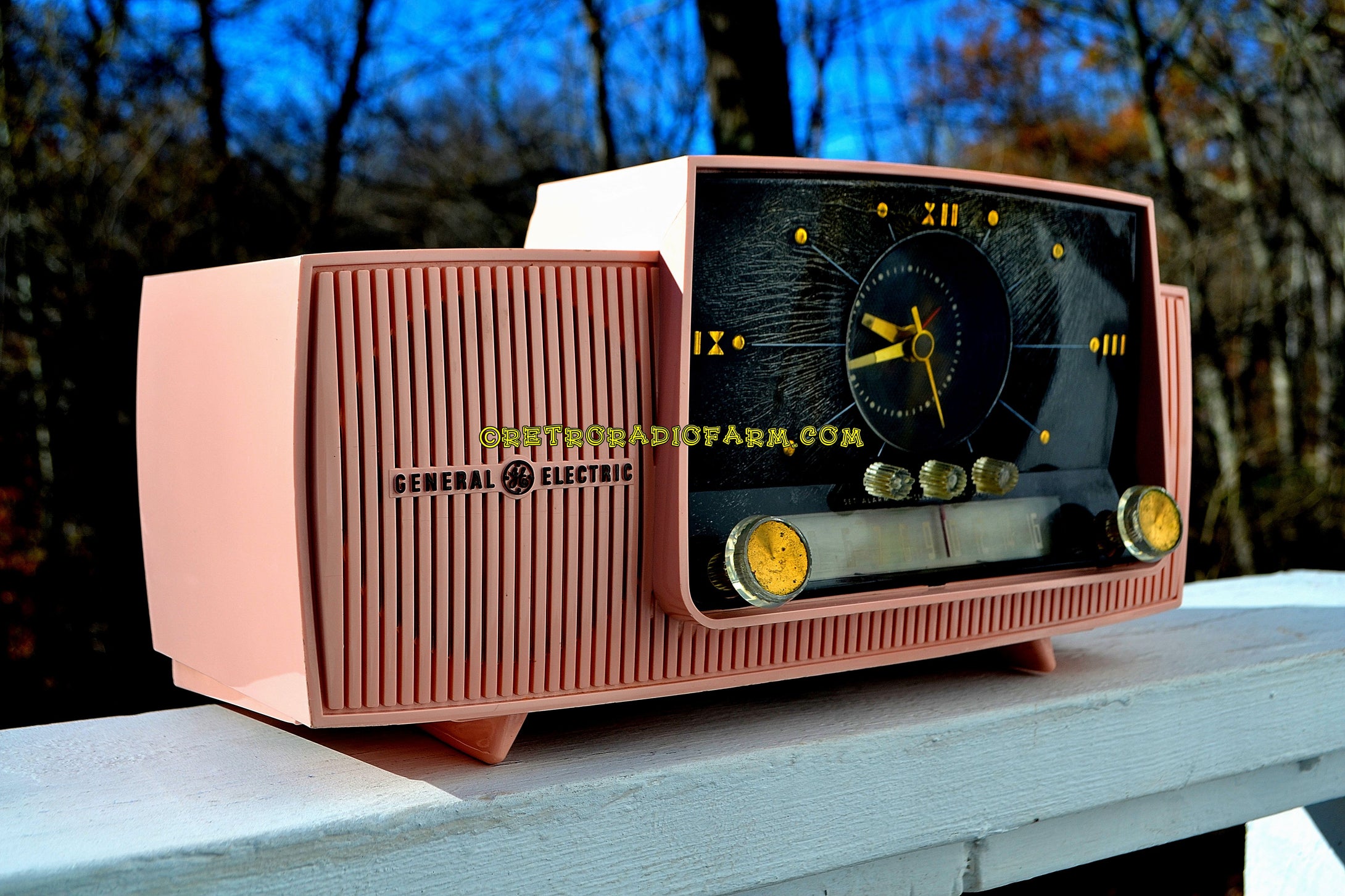 SOLD! - Jan. 5, 2018 - ROSE PINK Mid Century Jetsons 1959 General Electric Model 915 Tube AM Clock Radio Totally Restored! - [product_type} - General Electric - Retro Radio Farm