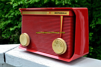 SOLD! - Aug 14, 2017 - BLUETOOTH MP3 READY - APPLE RED Retro Vintage 1959 Motorola Model A1R-15 Tube AM Clock Radio Totally Restored!