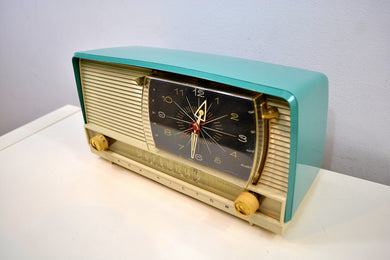 SOLD! - Dec 27, 2019 - Turquoise and White 1959 RCA Victor 9-C-7LE Tube AM Clock Radio Works Great!