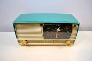 SOLD! - Dec 27, 2019 - Turquoise and White 1959 RCA Victor 9-C-7LE Tube AM Clock Radio Works Great! - [product_type} - RCA Victor - Retro Radio Farm