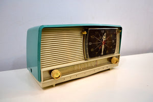 SOLD! - Dec 27, 2019 - Turquoise and White 1959 RCA Victor 9-C-7LE Tube AM Clock Radio Works Great! - [product_type} - RCA Victor - Retro Radio Farm