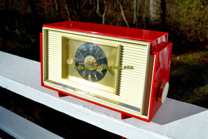 SOLD! - Dec 14, 2018 - Varsity Red and White Mid Century Vintage Retro 1959 General Electric GE Model 941 Tube AM Clock Radio Totally Restored! - [product_type} - General Electric - Retro Radio Farm