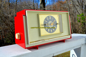 SOLD! - Dec 14, 2018 - Varsity Red and White Mid Century Vintage Retro 1959 General Electric GE Model 941 Tube AM Clock Radio Totally Restored!