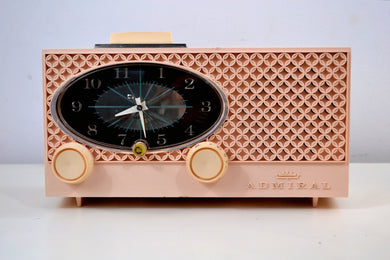 SOLD! - July 16, 2019 - Pink Lace 1959 Admiral Y3354 Antique Tube AM Clock Radio