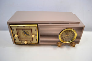 SOLD! - Dec 1, 2019 - Taro Taupe Mauve Mid Century 1953 Philco Model 53-702 Transitone AM Civil Service Clock Radio Sleek Looking! - [product_type} - Philco - Retro Radio Farm