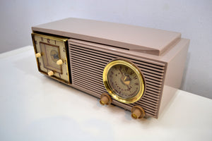 SOLD! - Dec 1, 2019 - Taro Taupe Mauve Mid Century 1953 Philco Model 53-702 Transitone AM Civil Service Clock Radio Sleek Looking!