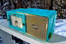 Load image into Gallery viewer, SOLD! - Jan 21, 2018 - BRIGHT SEAFOAM GREEN Retro Jetsons 1957 Bulova Model 120 Tube AM Clock Radio Looks Marvelous! - [product_type} - Bulova - Retro Radio Farm