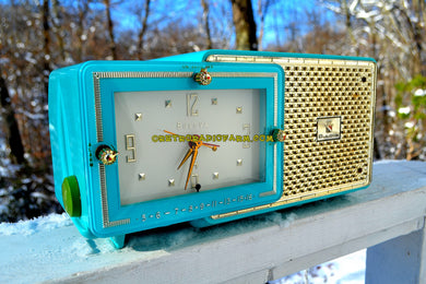 SOLD! - Jan 21, 2018 - BRIGHT SEAFOAM GREEN Retro Jetsons 1957 Bulova Model 120 Tube AM Clock Radio Looks Marvelous!
