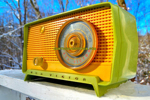 SOLD! - Dec 11, 2017 - OKLAHOMA Green And Ivory Yellow 1956 RCA Victor Model 5J-X-2B AM Tube Radio Great Sounding! - [product_type} - RCA Victor - Retro Radio Farm