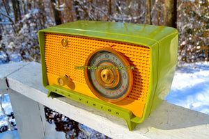 SOLD! - Dec 11, 2017 - OKLAHOMA Green And Ivory Yellow 1956 RCA Victor Model 5J-X-2B AM Tube Radio Great Sounding!