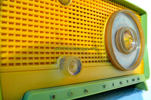 SOLD! - Dec 11, 2017 - OKLAHOMA Green And Ivory Yellow 1956 RCA Victor Model 5J-X-2B AM Tube Radio Great Sounding! - [product_type} - RCA Victor - Retro Radio Farm