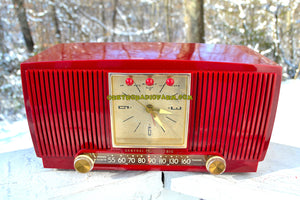 SOLD! - Dec. 13, 2017 - BLUETOOTH MP3 READY CRANBERRY RED 1955 General Electric Model 574 Retro AM Clock Radio Near Mint! - [product_type} - General Electric - Retro Radio Farm