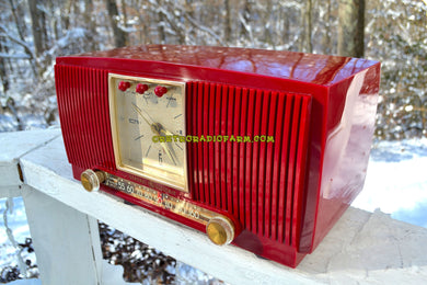 SOLD! - Dec. 13, 2017 - BLUETOOTH MP3 READY CRANBERRY RED 1955 General Electric Model 574 Retro AM Clock Radio Near Mint!