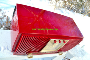 SOLD! - Dec. 13, 2017 - BLUETOOTH MP3 READY CRANBERRY RED 1955 General Electric Model 574 Retro AM Clock Radio Near Mint! - [product_type} - General Electric - Retro Radio Farm