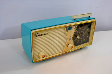 SOLD! - Dec. 17, 2018 - Sky Blue and White 1956 Emerson Model 883 Series B Tube AM Clock Radio Mid Century Rare Color Sounds Great!