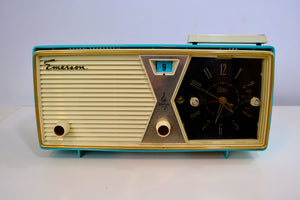 SOLD! - Dec. 17, 2018 - Sky Blue and White 1956 Emerson Model 883 Series B Tube AM Clock Radio Mid Century Rare Color Sounds Great! - [product_type} - Emerson - Retro Radio Farm