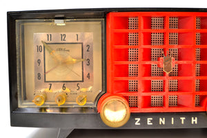 SOLD! - Dec. 11, 2019 - Ebony Black and Red Mid Century 1955 Zenith Model R623G AM Tube Radio Sleek and Sassy Sounds Great! - [product_type} - Zenith - Retro Radio Farm
