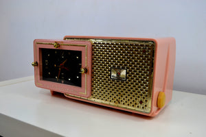 SOLD! - Feb 8, 2020 - Fifth Avenue Pink 1957 Bulova Model 120 Tube AM Clock Radio - [product_type} - Bulova - Retro Radio Farm