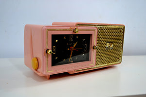 SOLD! - Feb 8, 2020 - Fifth Avenue Pink 1957 Bulova Model 120 Tube AM Clock Radio - [product_type} - Bulova - Retro Radio Farm