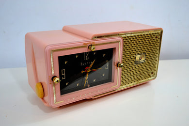 SOLD! - Feb 8, 2020 - Fifth Avenue Pink 1957 Bulova Model 120 Tube AM Clock Radio