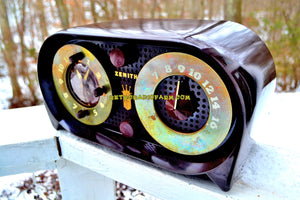 SOLD! - Dec 31, 2017 - OWL EYES Mid Century Retro Vintage 1950 Zenith 5-G-03B AM Tube Clock Radio Works Great!