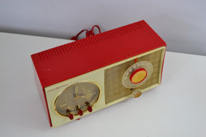 SOLD! - Dec 20, 2018 - Corvette Red and White Late 50s early 60s General Electric GE Tube AM Clock Radio - [product_type} - General Electric - Retro Radio Farm