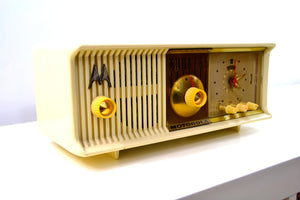 SOLD! - Aug 8, 2019 - Alabaster Ivory 1957 Motorola 57CC Tube AM Clock Radio Excellent Condition Sounds Great! - [product_type} - Motorola - Retro Radio Farm