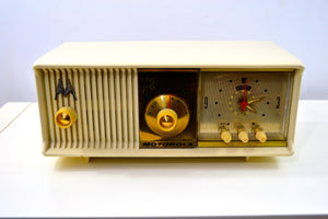 SOLD! - Aug 8, 2019 - Alabaster Ivory 1957 Motorola 57CC Tube AM Clock Radio Excellent Condition Sounds Great! - [product_type} - Motorola - Retro Radio Farm