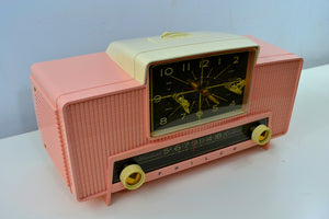 SOLD! - Dec 25, 2018 - IMPERIAL PINK 1959 Philco Model G761-124 Tube AM Clock Radio Pristine Rare Bells On Top Of Whistles!