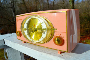 SOLD! - Dec 31, 2017 - PINK CYCLOPIC Vintage Mid Century Retro Jetsons 1957 Bulova Model 140 Tube AM Clock Radio WORKS! - [product_type} - Bulova - Retro Radio Farm