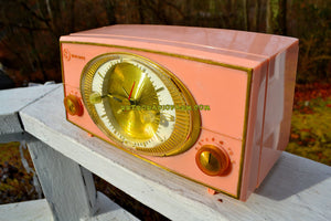 SOLD! - Dec 31, 2017 - PINK CYCLOPIC Vintage Mid Century Retro Jetsons 1957 Bulova Model 140 Tube AM Clock Radio WORKS!