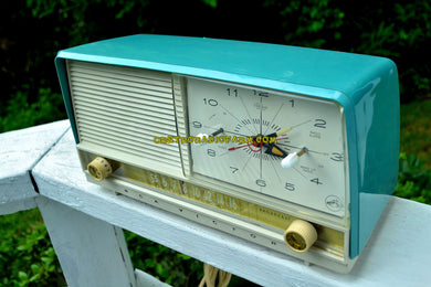 SOLD! - July 31, 2017 - AQUA and White Retro Jetsons 1956 RCA Victor 9-C-7LE Tube AM Clock Radio Totally Restored!