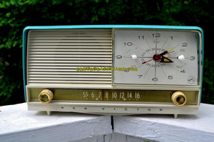 SOLD! - July 31, 2017 - AQUA and White Retro Jetsons 1956 RCA Victor 9-C-7LE Tube AM Clock Radio Totally Restored! - [product_type} - RCA Victor - Retro Radio Farm