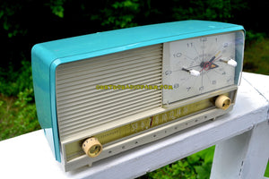 SOLD! - July 31, 2017 - AQUA and White Retro Jetsons 1956 RCA Victor 9-C-7LE Tube AM Clock Radio Totally Restored! - [product_type} - RCA Victor - Retro Radio Farm