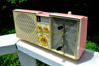 SOLD! - June 21, 2017 - BIARRITZ PINK Mid Century Vintage Retro 1962 Emerson Lifetimer III Model G1706 Tube AM Clock Radio