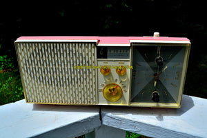 SOLD! - June 21, 2017 - BIARRITZ PINK Mid Century Vintage Retro 1962 Emerson Lifetimer III Model G1706 Tube AM Clock Radio - [product_type} - Emerson - Retro Radio Farm