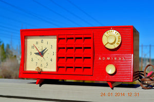 SOLD! - June 17, 2014 - LIPSTICK RED Vintage Atomic Age 1955 Admiral 5S38 Tube AM Radio Clock Alarm
