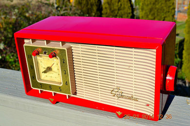 SOLD! - Feb 3, 2014 - CARDINAL RED Retro Space Age Sylvania R5485 Tube AM Clock Alarm Radio WORKS!