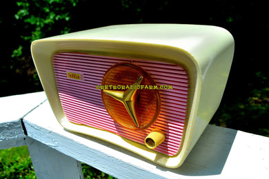 SOLD! - Oct 11, 2017 - SO JETSONS LOOKING Retro Vintage Pink and White 1959 Travler T204 AM Tube Radio So Cute!