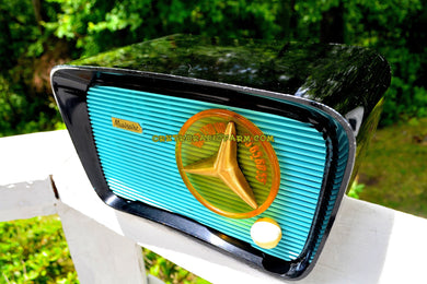 SOLD! - July 4, 2017 - SO JETSONS LOOKING Retro Vintage Aqua and Black Musicaire T-204 AM Tube Radio Works Great!