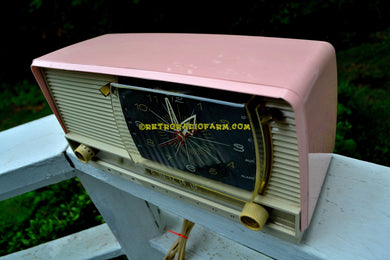 SOLD! - Mar 25, 2018 - BEAUTIFUL Powder Pink And White Retro Jetsons 1956 RCA Victor 9-C-71 Tube AM Clock Radio Works Great!