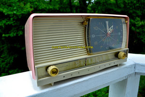 SOLD! - Mar 25, 2018 - BEAUTIFUL Powder Pink And White Retro Jetsons 1956 RCA Victor 9-C-71 Tube AM Clock Radio Works Great! - [product_type} - RCA Victor - Retro Radio Farm
