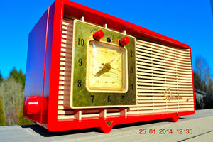 SOLD! - Feb 3, 2014 - CARDINAL RED Retro Space Age Sylvania R5485 Tube AM Clock Alarm Radio WORKS! - [product_type} - Admiral - Retro Radio Farm